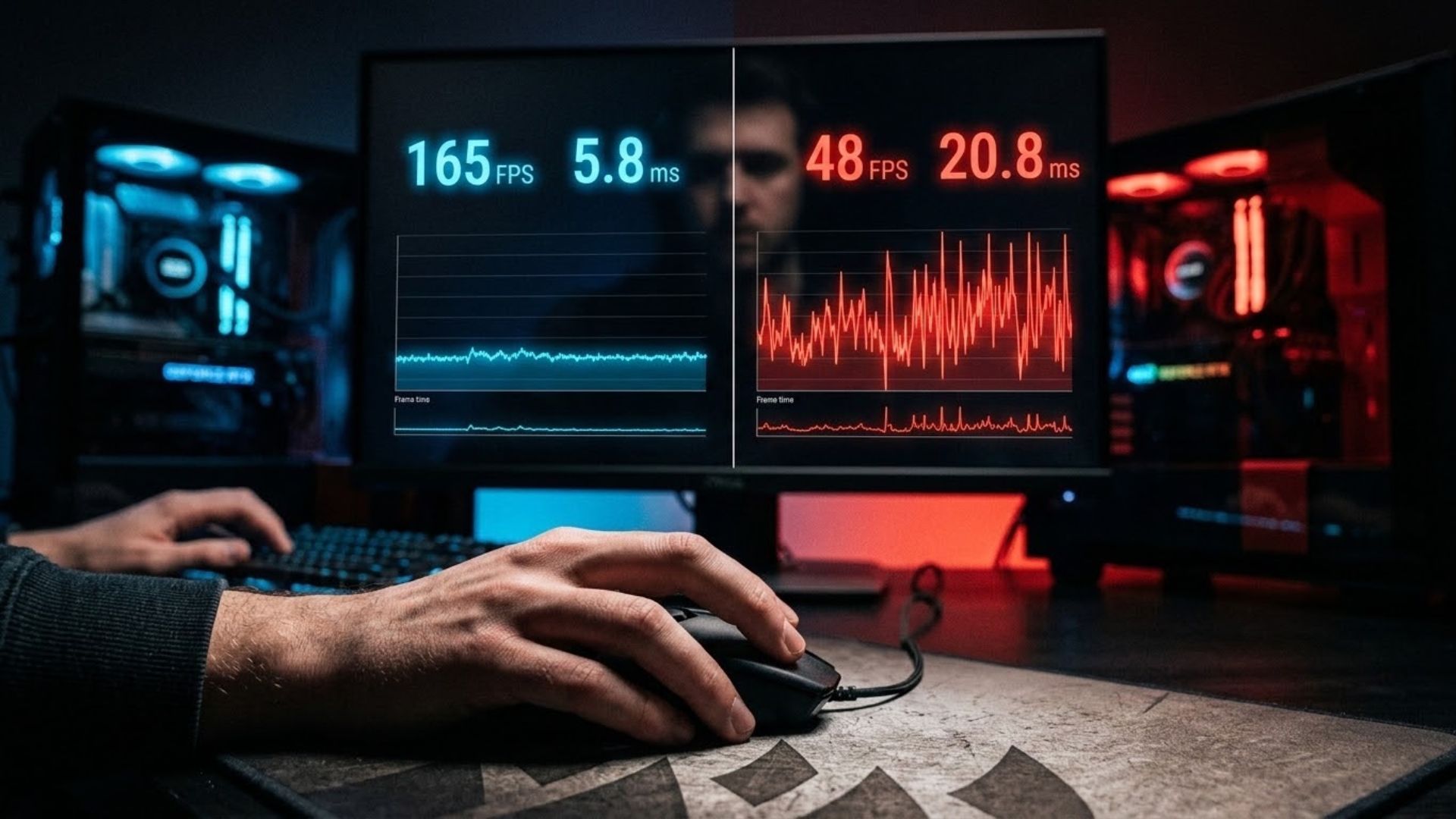 A comparison of smooth versus jagged frame-time graphs on a gaming PC showing performance before and after an update.