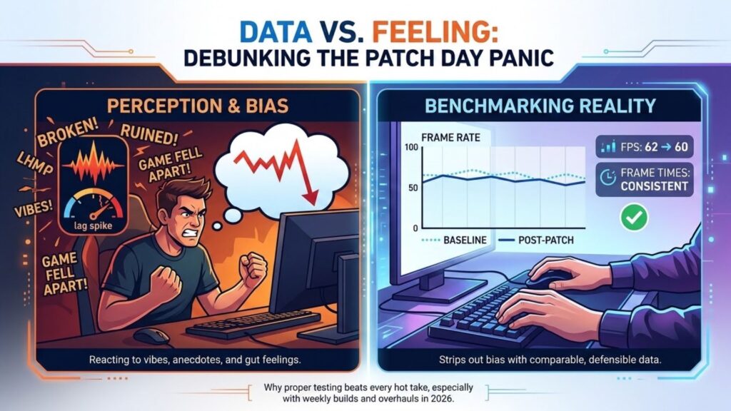 Game benchmark overlay measuring PC performance before and after an update