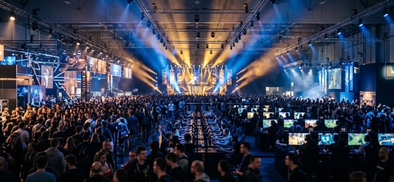 Crowded Gamescom convention hall in Cologne filled with thousands of attendees and illuminated gaming booths under dramatic stage lighting