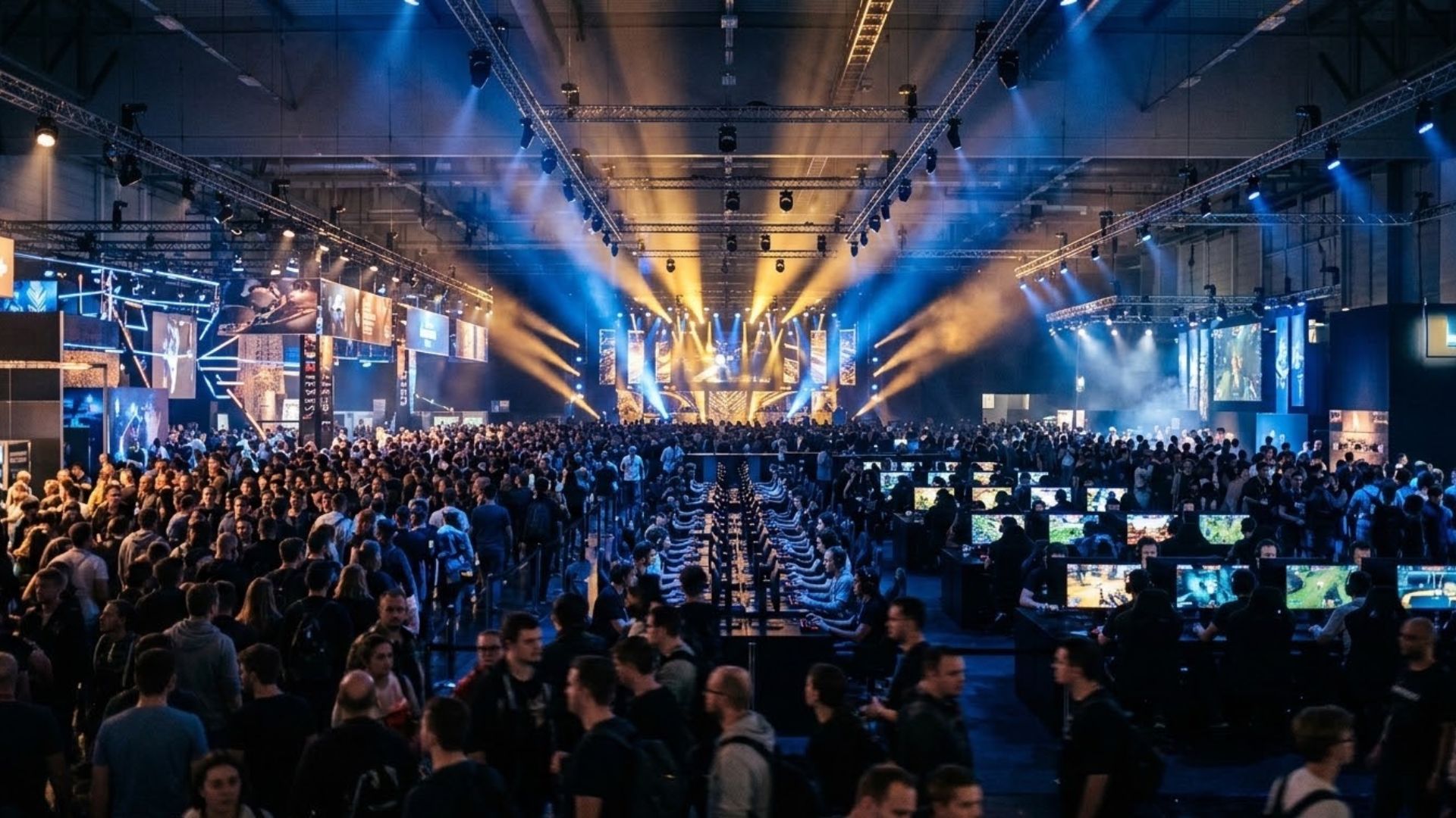 Crowded Gamescom convention hall in Cologne filled with thousands of attendees and illuminated gaming booths under dramatic stage lighting
