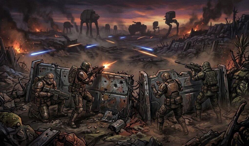 A squad of armored mercenaries takes cover during a dusk firefight on an alien battlefield in a turn-based tactics scene inspired by Star Wars Zero Company