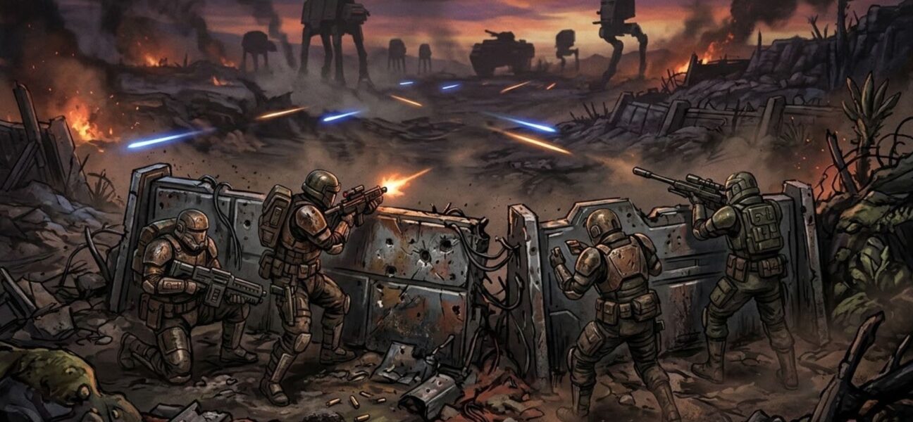 A squad of armored mercenaries takes cover during a dusk firefight on an alien battlefield in a turn-based tactics scene inspired by Star Wars Zero Company