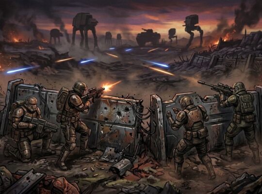 A squad of armored mercenaries takes cover during a dusk firefight on an alien battlefield in a turn-based tactics scene inspired by Star Wars Zero Company