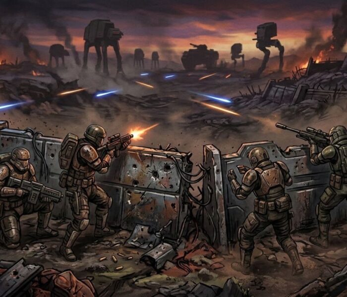 A squad of armored mercenaries takes cover during a dusk firefight on an alien battlefield in a turn-based tactics scene inspired by Star Wars Zero Company