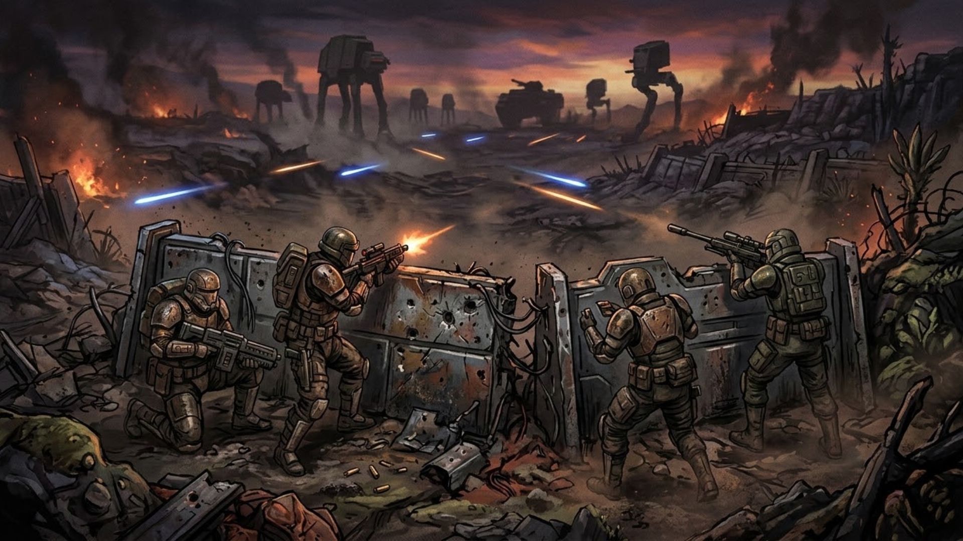 A squad of armored mercenaries takes cover during a dusk firefight on an alien battlefield in a turn-based tactics scene inspired by Star Wars Zero Company
