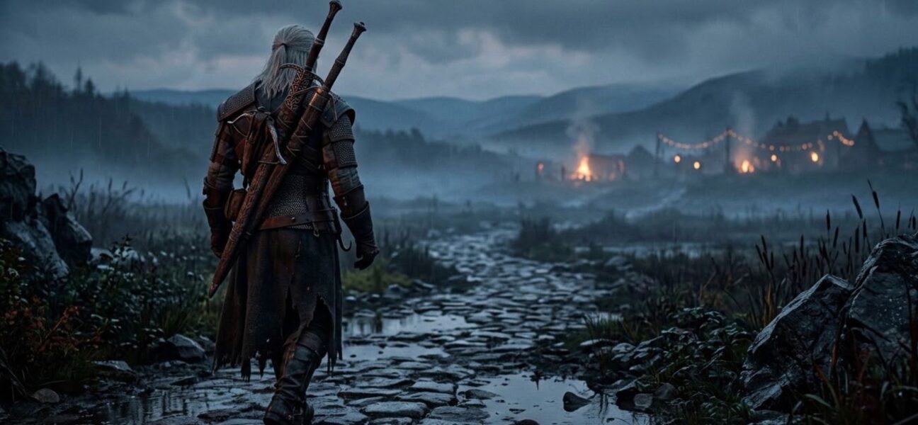A lone white-haired witcher standing on a misty rain-soaked path at dusk with two swords on his back, illustrating the Witcher 3 Songs of the Past expansion.