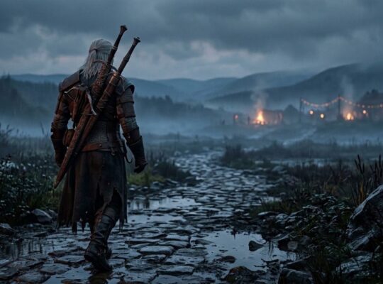 A lone white-haired witcher standing on a misty rain-soaked path at dusk with two swords on his back, illustrating the Witcher 3 Songs of the Past expansion.