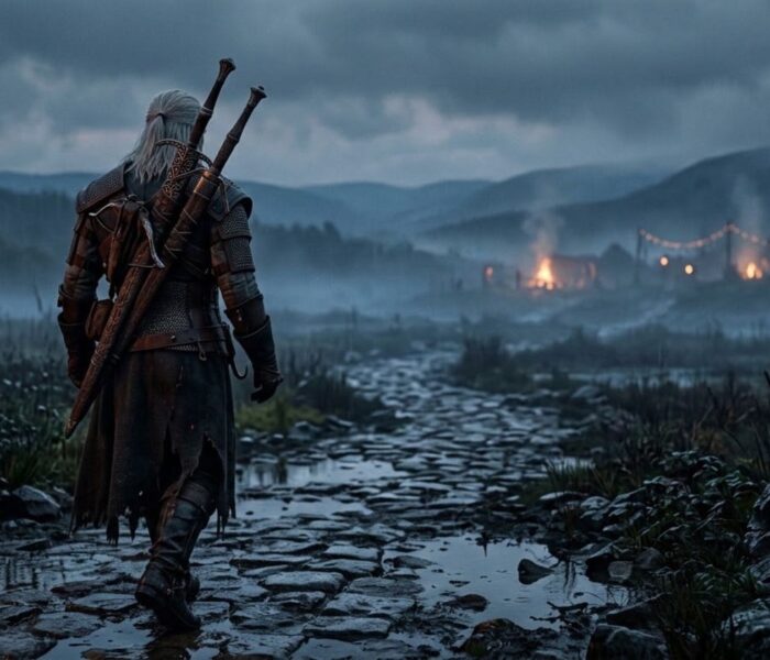 A lone white-haired witcher standing on a misty rain-soaked path at dusk with two swords on his back, illustrating the Witcher 3 Songs of the Past expansion.
