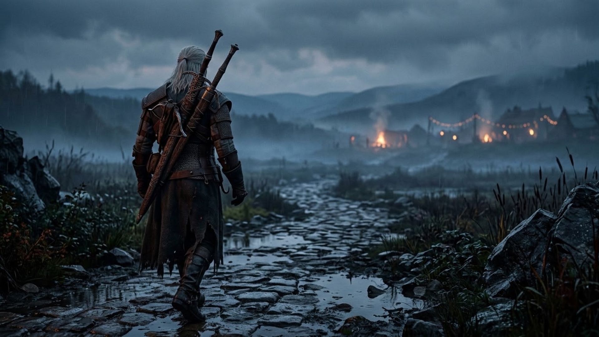 A lone white-haired witcher standing on a misty rain-soaked path at dusk with two swords on his back, illustrating the Witcher 3 Songs of the Past expansion.