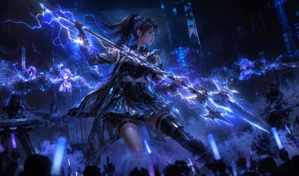 Concept illustration of an idol-style electric support character performing on stage with crackling blue energy, representing Arknights Endfield's new operator Liino