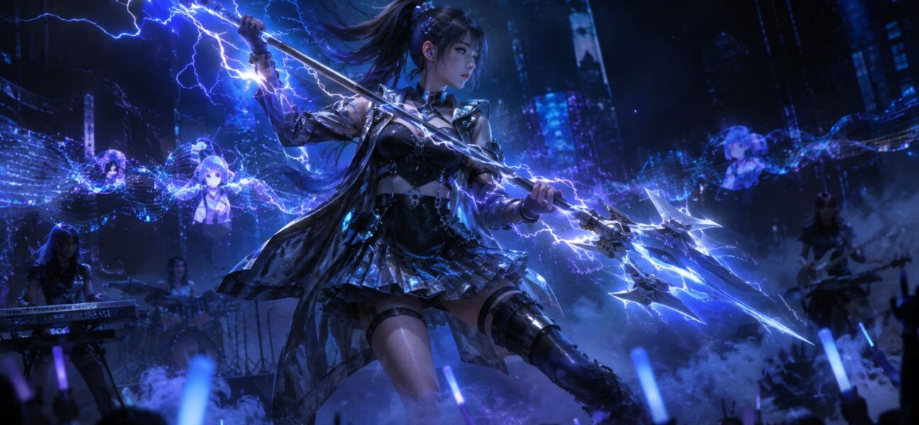 Concept illustration of an idol-style electric support character performing on stage with crackling blue energy, representing Arknights Endfield's new operator Liino