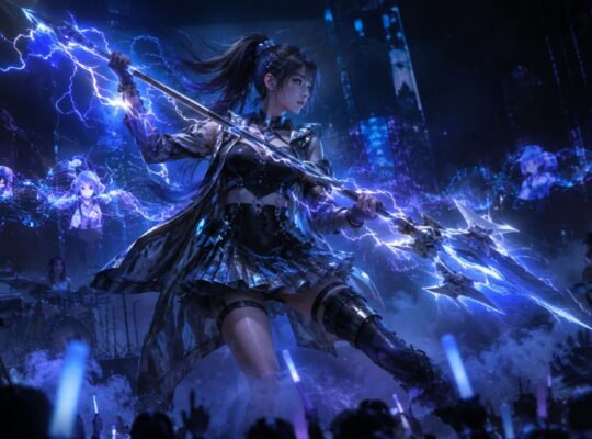 Concept illustration of an idol-style electric support character performing on stage with crackling blue energy, representing Arknights Endfield's new operator Liino