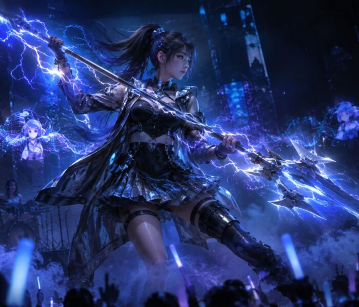 Concept illustration of an idol-style electric support character performing on stage with crackling blue energy, representing Arknights Endfield's new operator Liino
