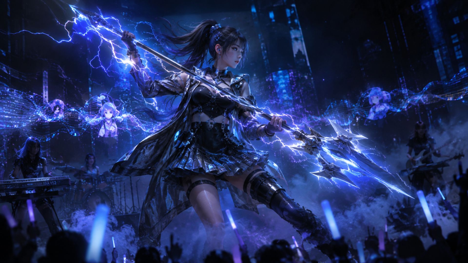 Concept illustration of an idol-style electric support character performing on stage with crackling blue energy, representing Arknights Endfield's new operator Liino