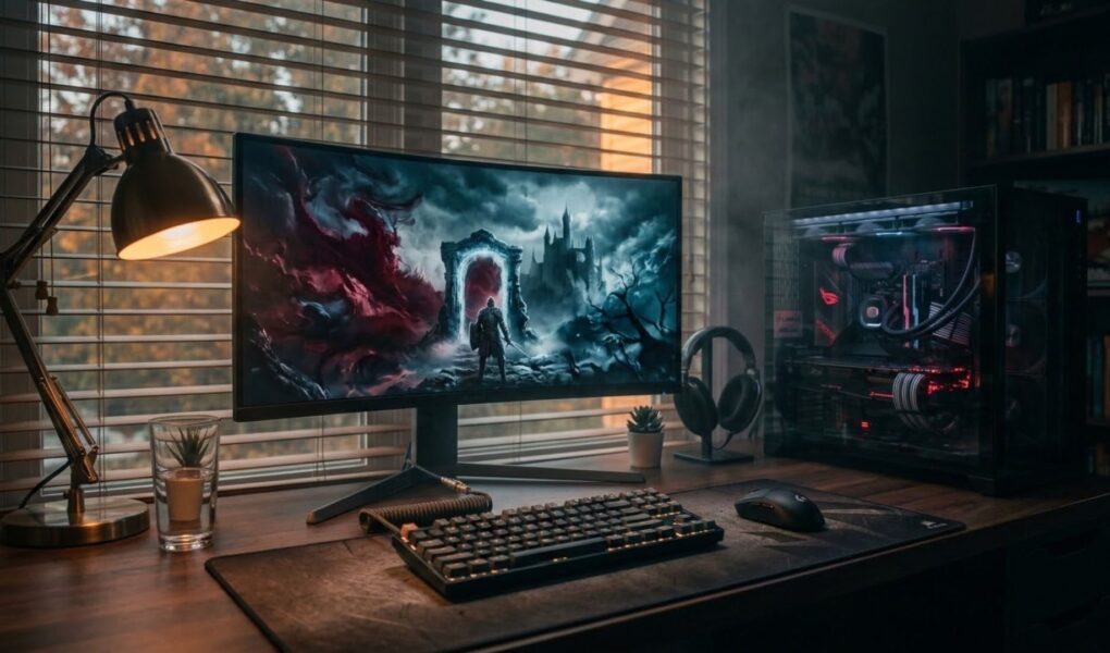 Dimly lit gaming PC setup with a glowing ultrawide monitor and mechanical keyboard, illustrating the crowded September 2026 PC game release calendar.