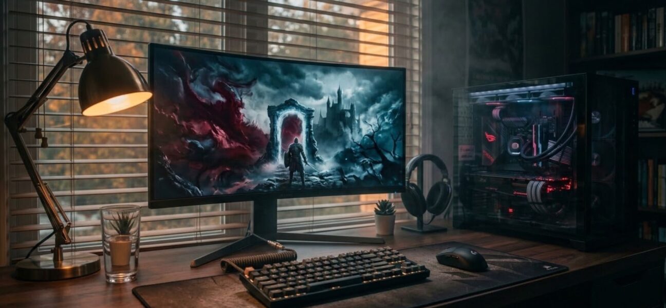 Dimly lit gaming PC setup with a glowing ultrawide monitor and mechanical keyboard, illustrating the crowded September 2026 PC game release calendar.