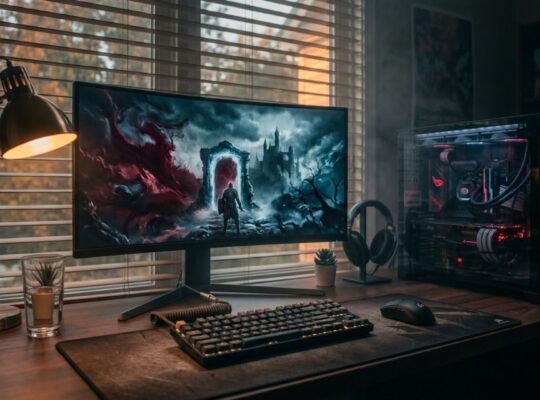 Dimly lit gaming PC setup with a glowing ultrawide monitor and mechanical keyboard, illustrating the crowded September 2026 PC game release calendar.