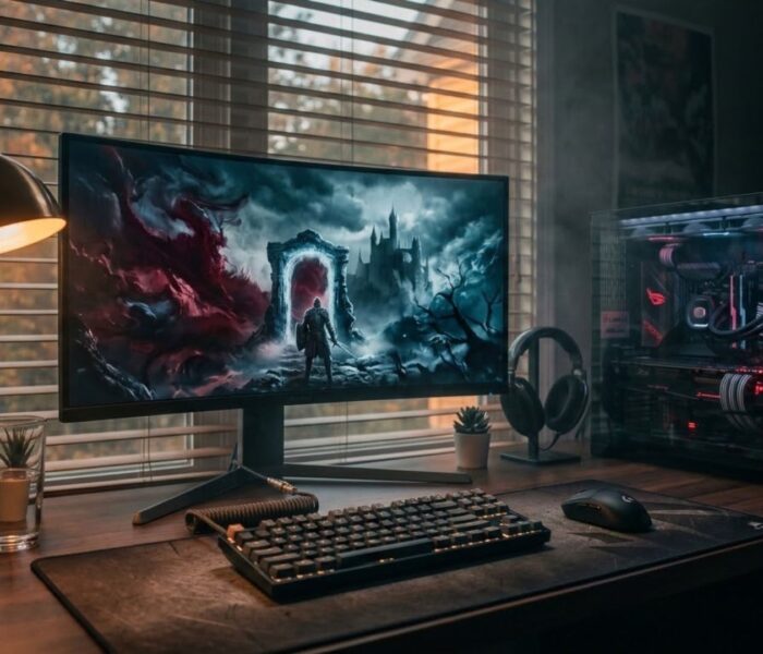 Dimly lit gaming PC setup with a glowing ultrawide monitor and mechanical keyboard, illustrating the crowded September 2026 PC game release calendar.